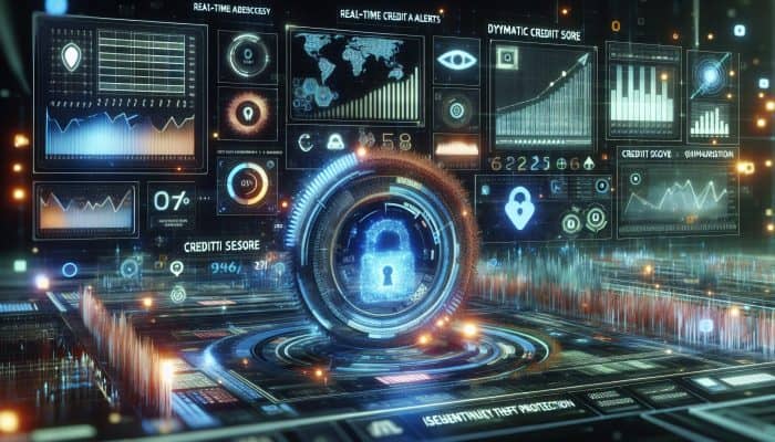 Tools to Monitor Your Credit During Consolidation: A futuristic dashboard with real-time credit alerts, credit score graph, and identity theft protection tools.