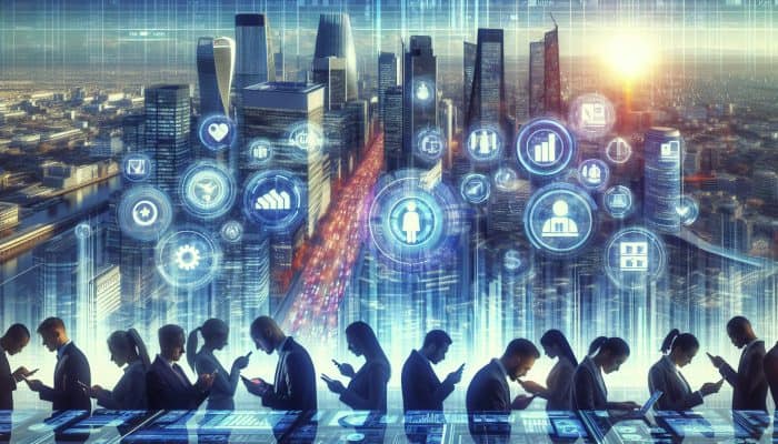 How Fintech Is Changing Debt Consolidation: A futuristic UK cityscape with digital screens showing debt consolidation apps, people using smartphones for finance management, and holographic financial charts.