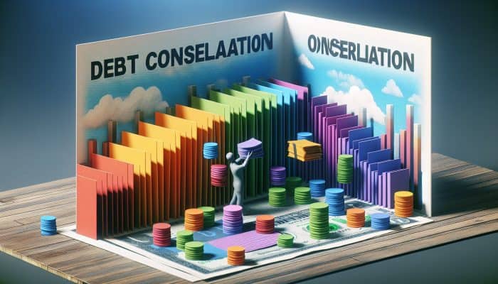 How to Negotiate with Debt Consolidation Lenders: A person consolidating colorful debt papers into one file, leading to a serene financial landscape.