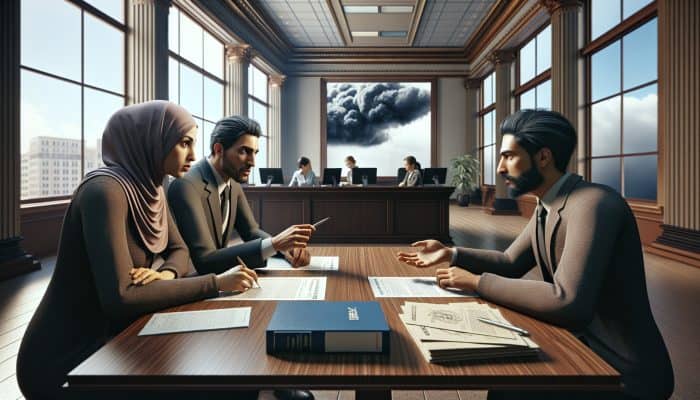 Debt Consolidation Loan Cosigner Rules: A cosigner and borrower discussing loan terms at a bank, with a lender overseeing, indicating financial risk.