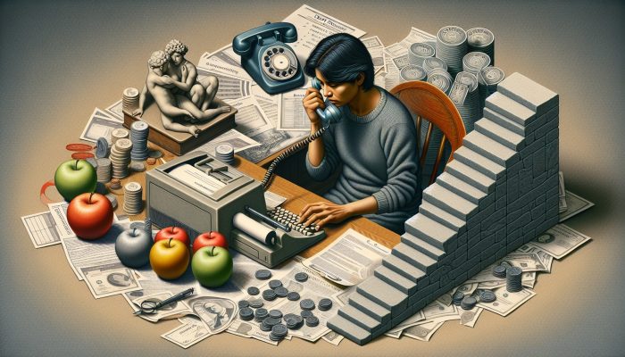 Person at desk negotiating with creditors, using phone and computer, with chart showing reduced interest rates and payments.