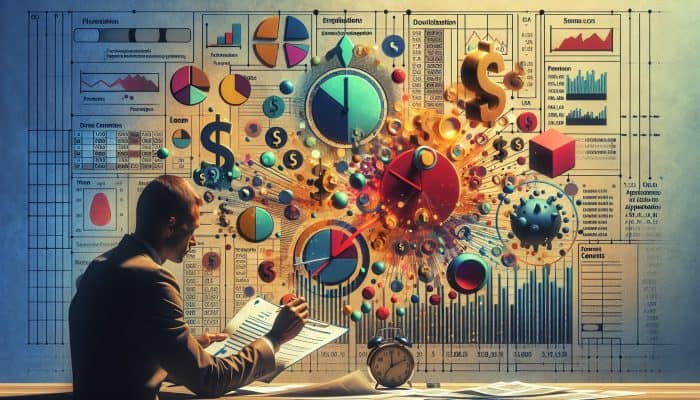 A person reviewing financial documents with charts showing a temporary credit score dip, surrounded by loan forms and a clock.