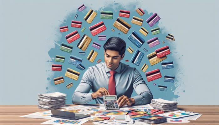 How to Spot Overpriced Consolidation Loans: A person consolidating multiple credit cards into one file at a desk, looking relieved.