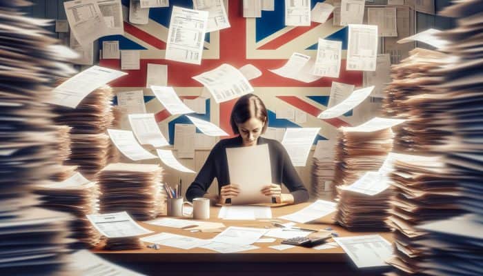 Debt Consolidation Loan Credit Score Minimums: Person in UK consolidating debts into one loan, surrounded by bills, with a clear document on desk.