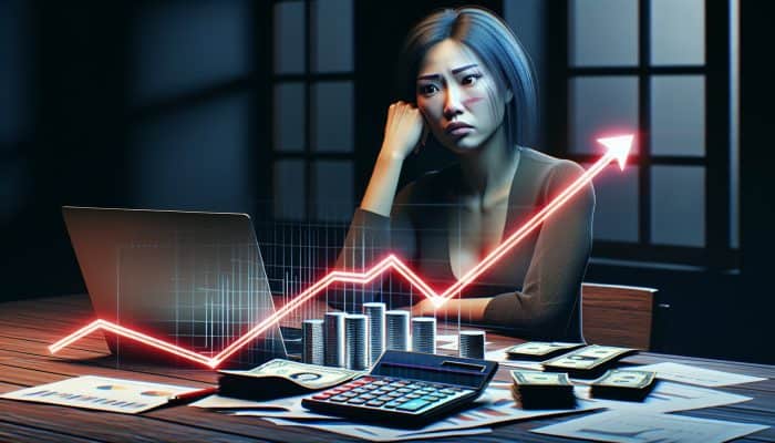 Person looking worried at financial documents and laptop showing increasing debt graph in dimly lit room.