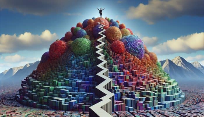 Combining Debt Consolidation With Balance Transfers: A person on a mountain of colorful blocks, symbolizing consolidated debts, with a clear path down for simplified repayment and financial relief.