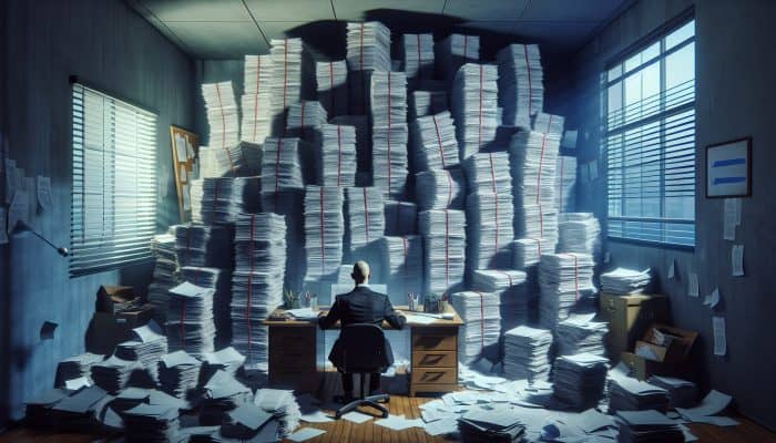 A person overwhelmed by financial stress amidst growing bills and notices in a dark, chaotic office.