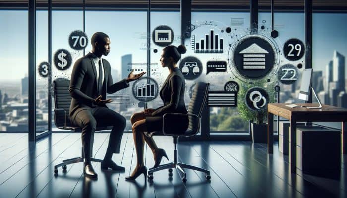 Financial expert advising client on credit score improvement for debt consolidation, with city skyline view.