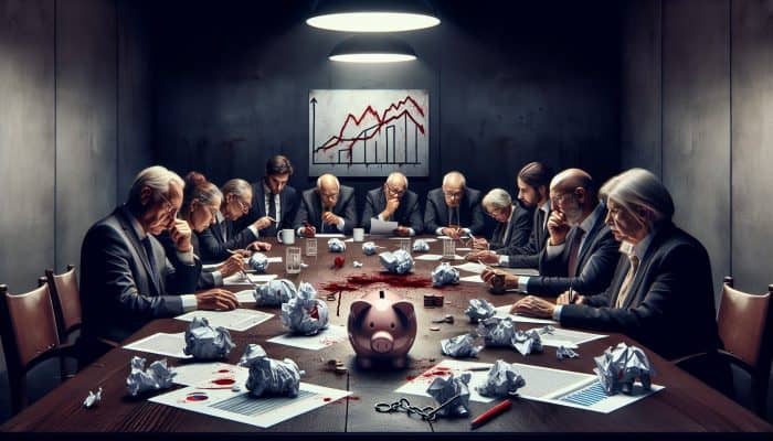 Lessons From A Failed Debt Consolidation Attempt | DCL Financial experts in a dimly lit boardroom analyze crumpled debt reports and graphs, with shattered piggy banks and broken chains symbolizing failed consolidation lessons.