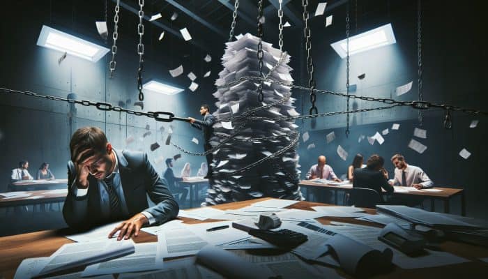 Lessons From A Failed Debt Consolidation Attempt | DCL Stressed person overwhelmed by bills and broken chains consults advisor in dim office; hopeful group learns in bright class for debt recovery.