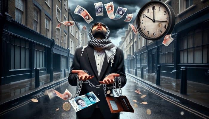 Consolidating Payday Loans With A Loan: Harried person in rainy London street clutches empty wallet as pound notes turn into chains under ticking clock and stormy skies.