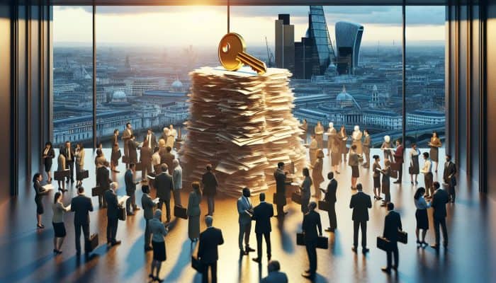 Debt Consolidation Lenders for Large Debts: Bustling London financial district at dusk: professionals consult bankers and experts as debt papers magically consolidate into a golden key, symbolizing relief.