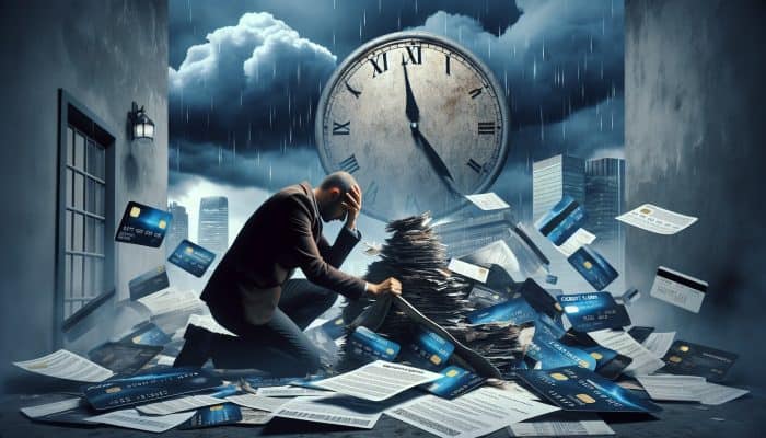 How Debt Consolidation Delays Financial Freedom: Stressed UK borrower in London surrounded by credit cards and documents, signing a debt consolidation contract under rainy skies with a symbolic clock showing extended time.