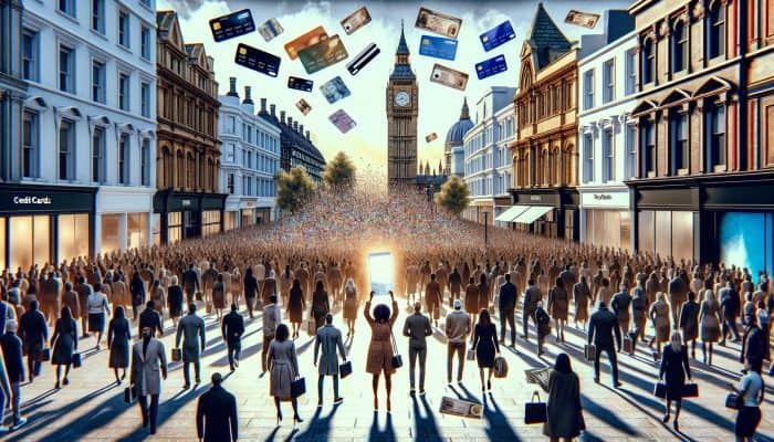 Debt Consolidation Loan Interest Rate Trackers: A bustling UK high street with Big Ben, where scattered credit cards and bills merge into a glowing loan document held by a relieved person.