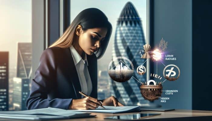 Financial specialist in London office reviews interest rate graphs, warning borrower about hidden fees and risks with trap and shield symbols.