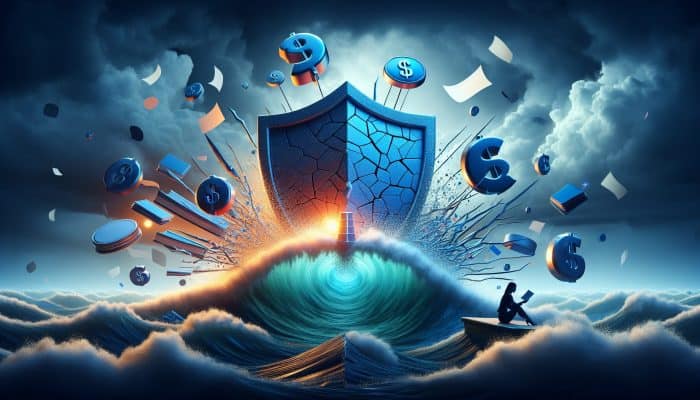 Myths About Debt Consolidation Interest Rates: Cracked fixed rate shield shattering into turbulent market waves, with Barclays and Santander logos amid fluctuating graphs, as borrower researches documents.