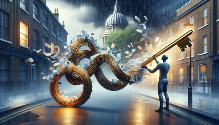 Debt Consolidation Loans vs Peer-to-Peer Lending: Person in rainy London street holding golden key labeled "Debt Consolidation Loan," with swirling bills and credit cards merging into it, symbolizing simplified finances.