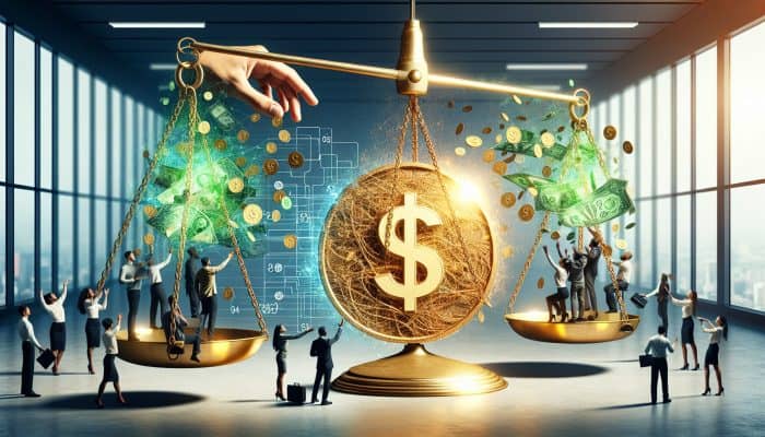 A balanced scale in a financial office: tangled debt chains merging into a golden loan versus people shaking hands on digital peer-to-peer transactions with floating green money icons.