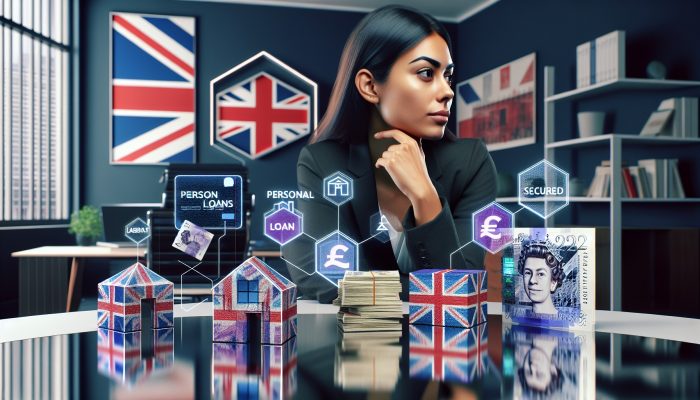 A professional in a modern London office reviews debt consolidation options, surrounded by pound notes, graphs, and a Union Jack backdrop.