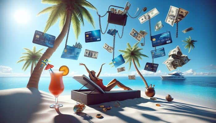 How to Consolidate Vacation Debt: Simple UK Tips | DCL How to Consolidate Vacation Debt: Joyful traveler relaxing on a tropical beach with palm trees and cocktails, as oversized credit card bills and debt chains float in the sky.