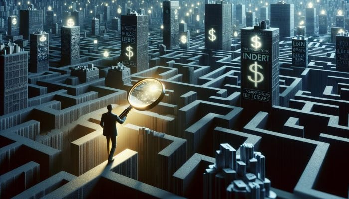 How to Consolidate Vacation Debt: Simple UK Tips | DCL Explorer navigates shadowy maze of towering debt stacks and hidden fee traps, using glowing magnifying glass to scrutinize lender documents.