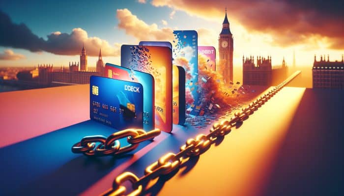 Is Debt Consolidation Only For Big Debts: Illustration of UK debts like credit cards and loans merging under Big Ben, with breaking chains in a hopeful sunset glow, symbolizing financial relief.