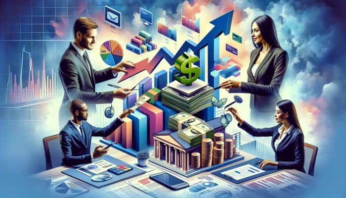 Debt Consolidation and Economic Shifts: A diverse group in a modern UK office merges bills and credit cards into one loan document, with bank symbols and graphs showing financial relief.