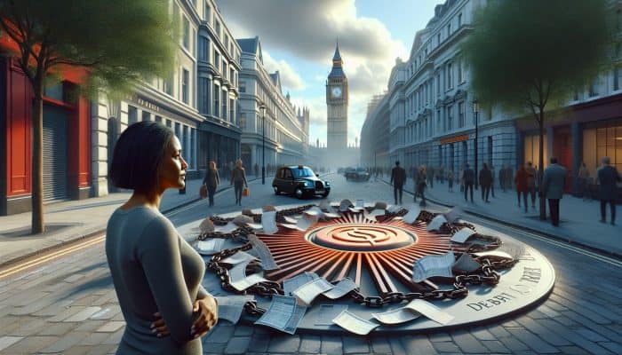 Debt Consolidation for a Better Work-Life Balance: Busy London street with Big Ben; relieved person watching debt bills and chains merge into a glowing loan document.