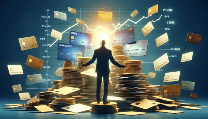 Debt Consolidation Loan Trends in 2025: Stressed UK borrower in London buried under towering credit cards and bills, merging into a golden loan document, with graphs showing 15% surge.