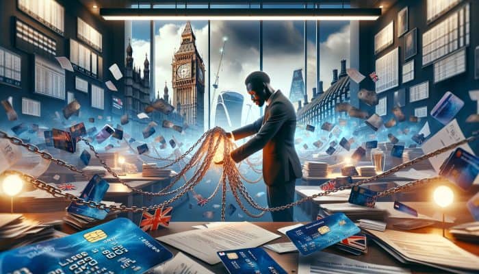 Do You Need a Job for Debt Consolidation: Key Considerations | DCL Do You Need a Job for Debt Consolidation: A determined person in a modern London office merges tangled credit cards and bills into a glowing loan document, with Big Ben and Union Jack in the background.