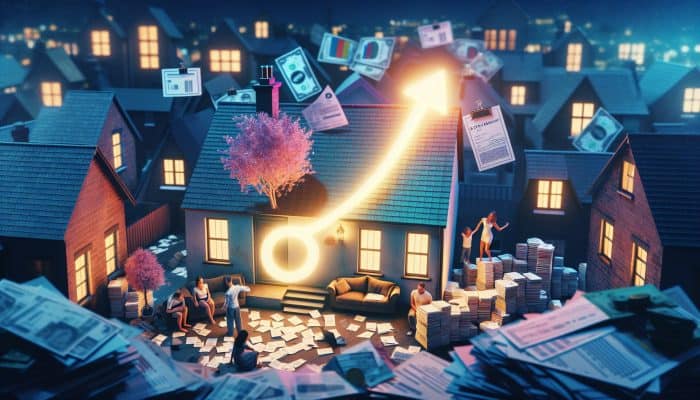 Debt Consolidation Loans vs Paying Debts Separately: A stressed family in a chaotic Manchester home, surrounded by bills and documents, with a glowing debt consolidation loan symbolizing financial relief.