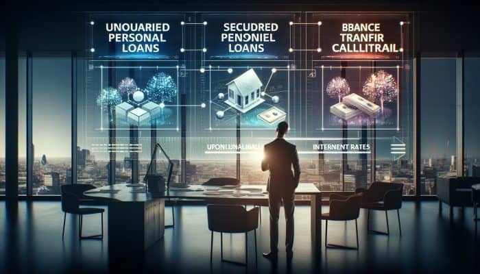 Comparing Debt Consolidation Loan Costs: Essential Guide | DCL Comparing Debt Consolidation Loan Costs: A focused professional in a modern London office reviews debt consolidation options, including unsecured loans, secured loans, and balance transfer cards, surrounded by interest rate charts under soft lighting.