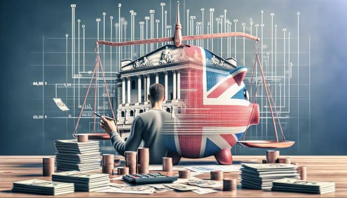 How Debt Consolidation Stacks Up to Refinancing | DCL UK resident at desk reviews debt consolidation charts, with Bank of England in background, amid stacks of bills symbolizing financial stability.