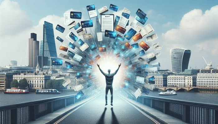 How to Consolidate Debt and Save Money: A relieved person in a London skyline watches floating credit cards and bills merge into a glowing FCA-secured loan document, symbolizing financial freedom.