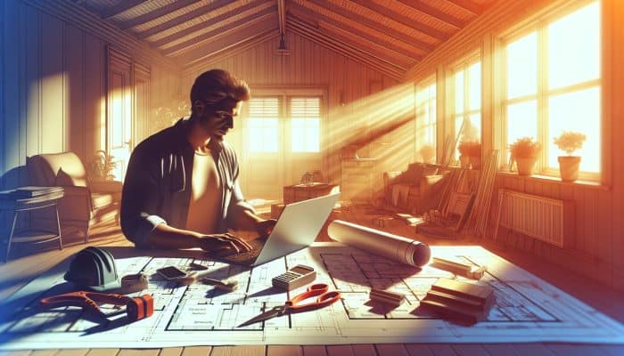 Debt Consolidation for Home Repair Loans: UK homeowner reviews debt consolidation loan on laptop in sunlit living room, surrounded by home repair tools and blueprints.