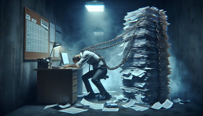 Debt Consolidation for Child Support Debt: Weary parent in a dimly lit UK office, buried under towering stacks of documents and bills, wrapped in ethereal chains of debt.