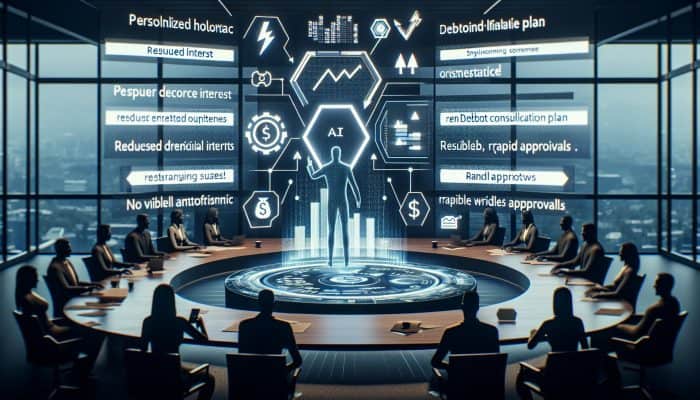 How AI Improves Debt Consolidation Loans: AI hologram in a futuristic UK office analyzes financial data, generating personalized debt plans with graphs showing reduced interest and fast approvals.