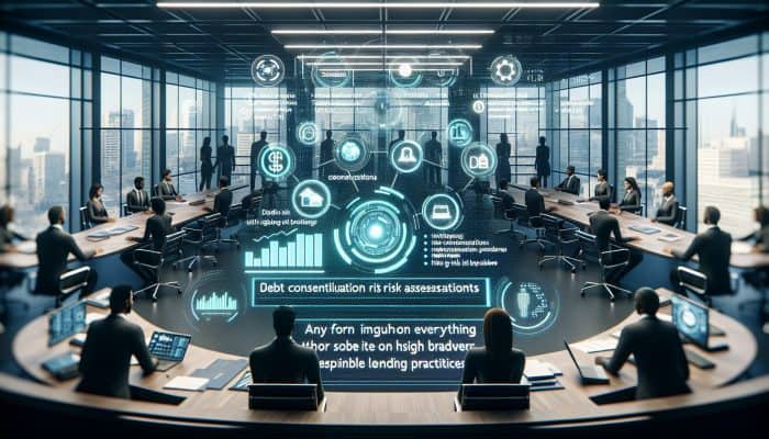 AI-driven holographic graphs in a futuristic UK financial hub display debt consolidation risks for low-risk borrowers among diverse professionals.