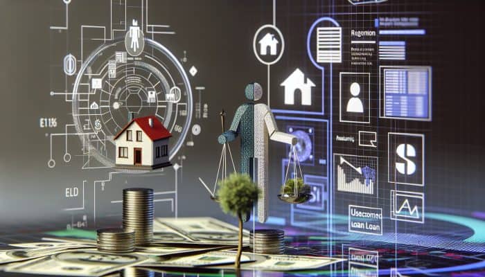 How to Choose Your First Debt Consolidation Loan: A person balancing a model house and a stack of cash, with Barclays and Nationwide signs, in a modern cityscape.