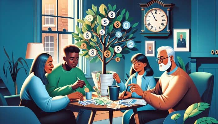 A diverse UK family in a cozy London home reviews financial documents at a table, with a ticking clock symbolizing ideal timing for debt consolidation and savings growth.