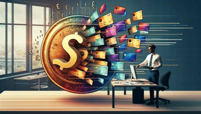 How Much Does Debt Consolidation Cost: A professional in a London office consolidates debts: colorful cards merging into a golden loan, with graphs showing lower rates and simplified payments, amid British pounds.