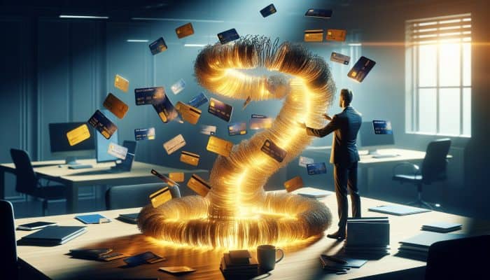 A determined person in a modern office merges tangled debt chains into a glowing golden stream, symbolizing financial relief.