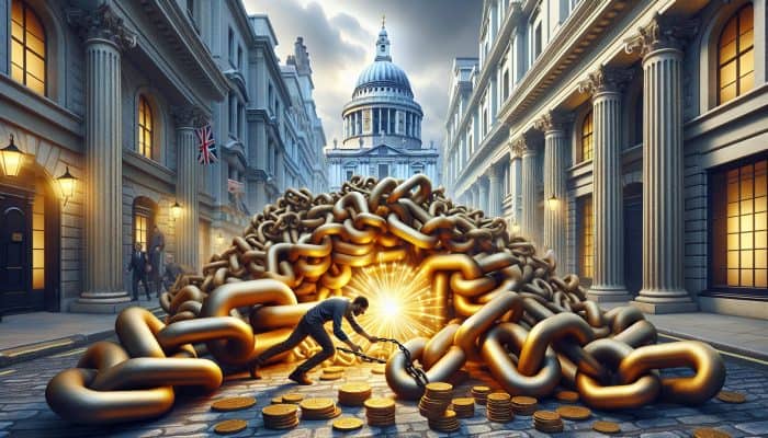 Debt Consolidation vs DIY Debt Payoff Plans: A bustling London street with historic banks, where a person merges tangled debt chains into a glowing golden loan, symbolizing financial freedom.