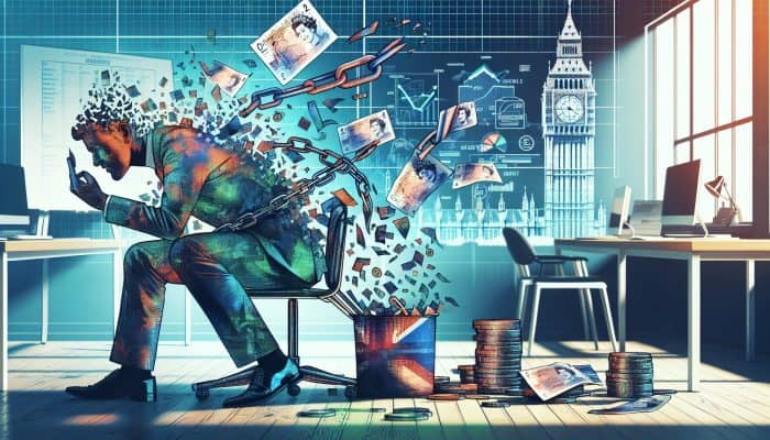Relieved British person in a modern London office sorting pound notes and charts, with fading broken chains symbolizing debt freedom through DMP.