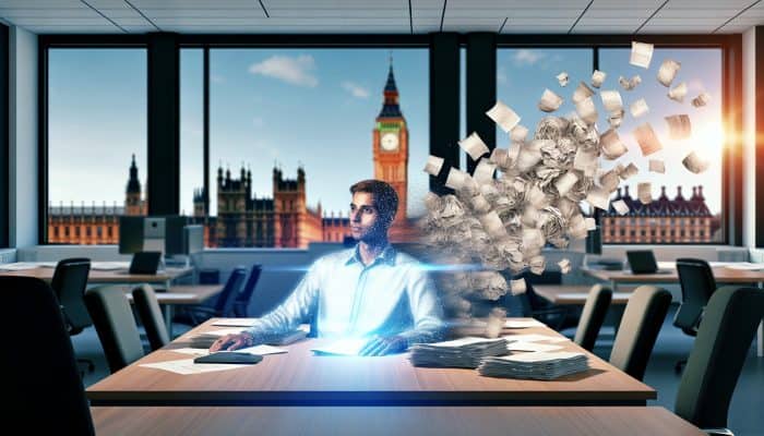 Debt Consolidation After Bankruptcy Discharge: A relieved person in a modern UK office, surrounded by fading crumpled debt letters merging into a glowing loan document, with Big Ben in the background.