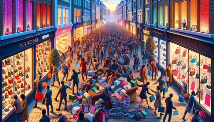 Money Habits to Avoid After Consolidating Debt: A relieved shopper hesitates at a bustling UK high street at dusk, tempted by designer handbags and gadgets in vibrant shop windows.