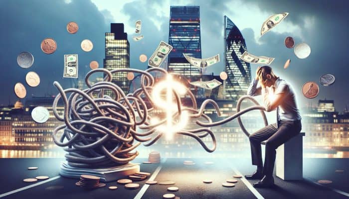Consolidating Debt Before Remortgaging: A stressed individual in a London skyline, with tangled bills and coins merging into a glowing loan document, symbolizing UK debt consolidation relief.