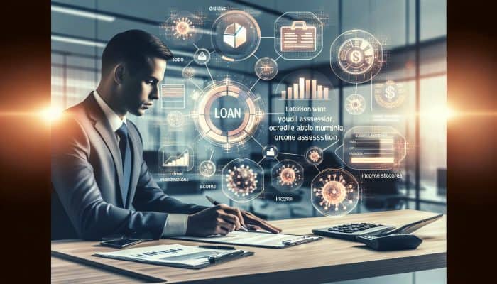 How Lenders Assess UK Debt Consolidation Loans | DCL A lender reviews loan applications in a modern office, surrounded by documents, credit graphs, and risk tools under soft lighting.