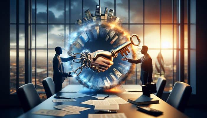 Guarantor Debt Consolidation Loans Explained: In a modern London office, a diverse guarantor and borrower shake hands over debt papers, with chains merging into a golden key symbolizing financial relief.