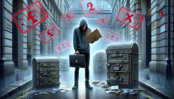 Consolidating Debt with a Thin Credit File: A worried person in a rainy London street holds an empty credit history folder, surrounded by locked vaults and denied stamps.